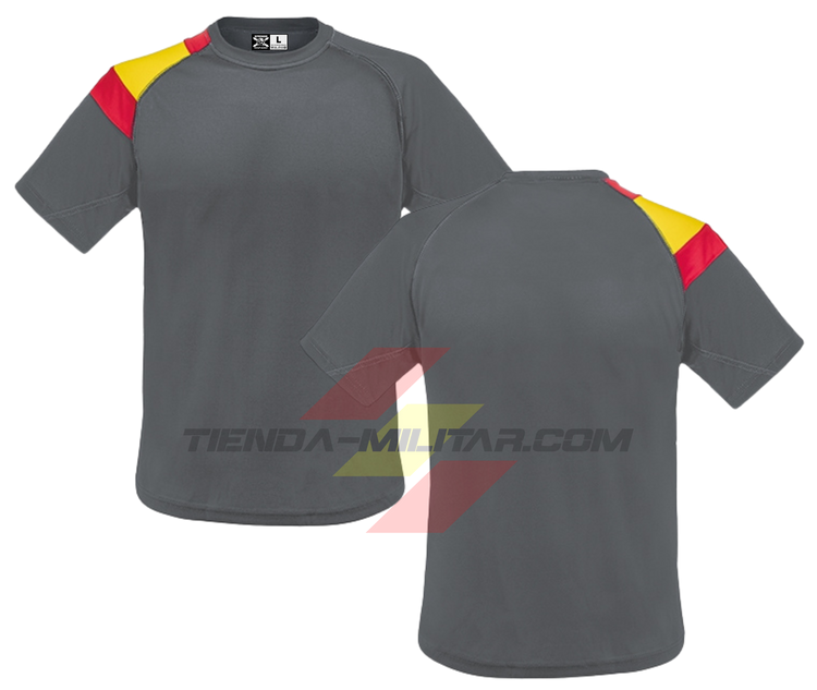 Camiseta técnica militar personalizada color gris con bandera de España en el hombro