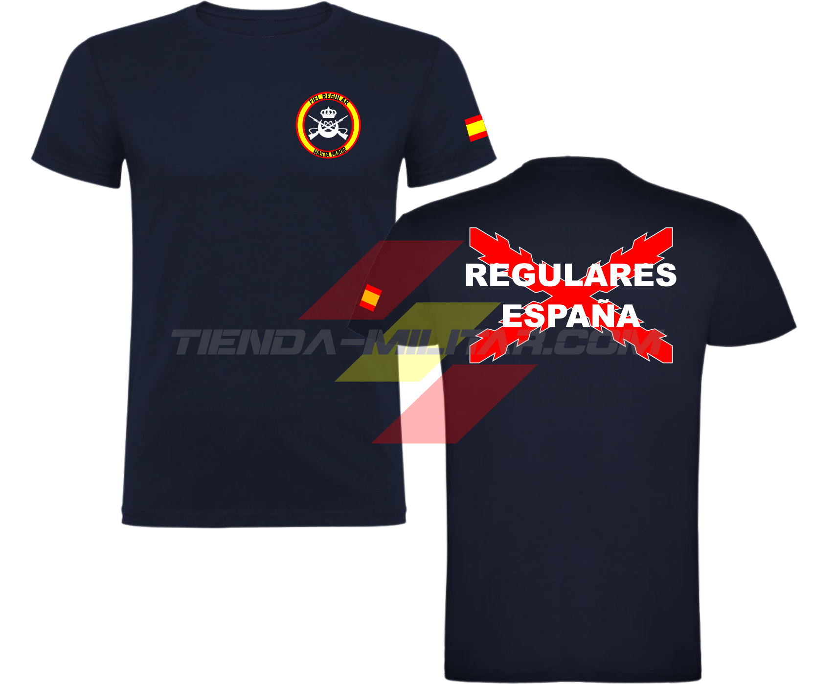 Camiseta ALGODÓN PREMIUM en color AZUL MARINO de las Tropas Regulares del Ejercito Español. En el pecho lleva su escudo con su lema "Fiel Regular Hasta Morir". Y en la espala la Cruz De Borgoña con el titulo de "Regulares España"