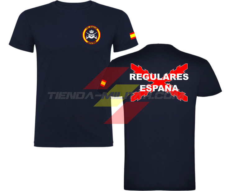 Camiseta ALGODÓN PREMIUM en color AZUL MARINO de las Tropas Regulares del Ejercito Español. En el pecho lleva su escudo con su lema "Fiel Regular Hasta Morir". Y en la espala la Cruz De Borgoña con el titulo de "Regulares España"