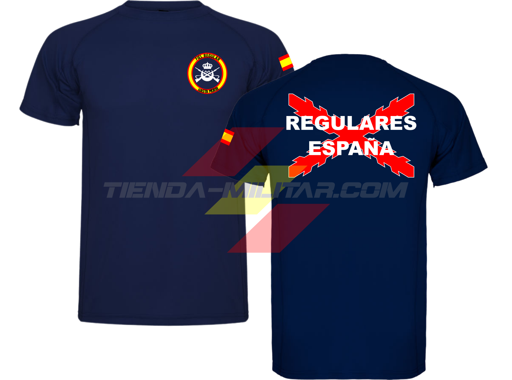 Camiseta TÉCNICA en color AZUL MARINO de las Tropas Regulares del Ejercito Español. En el pecho lleva su escudo con su lema "Fiel Regular Hasta Morir". Y en la espala la Cruz De Borgoña con el titulo de "Regulares España"