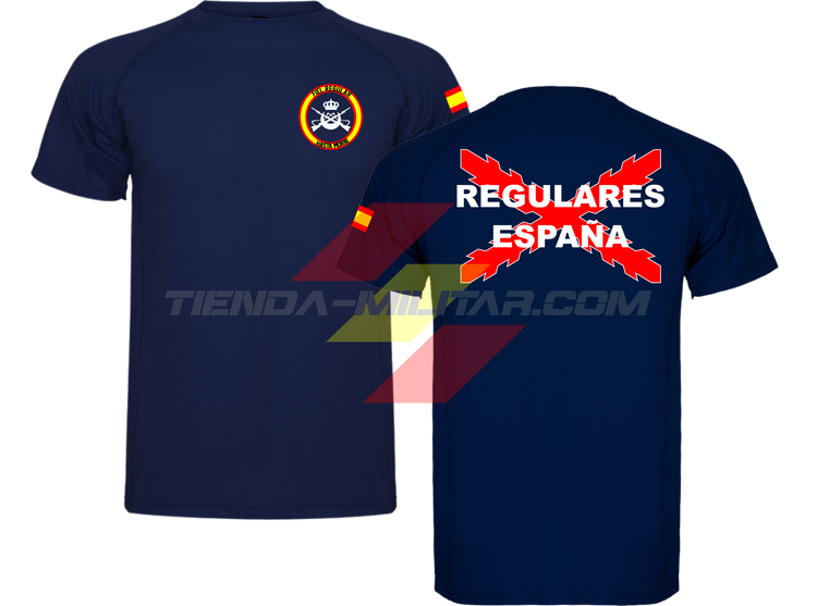 Camiseta TÉCNICA en color AZUL MARINO de las Tropas Regulares del Ejercito Español. En el pecho lleva su escudo con su lema "Fiel Regular Hasta Morir". Y en la espala la Cruz De Borgoña con el titulo de "Regulares España"