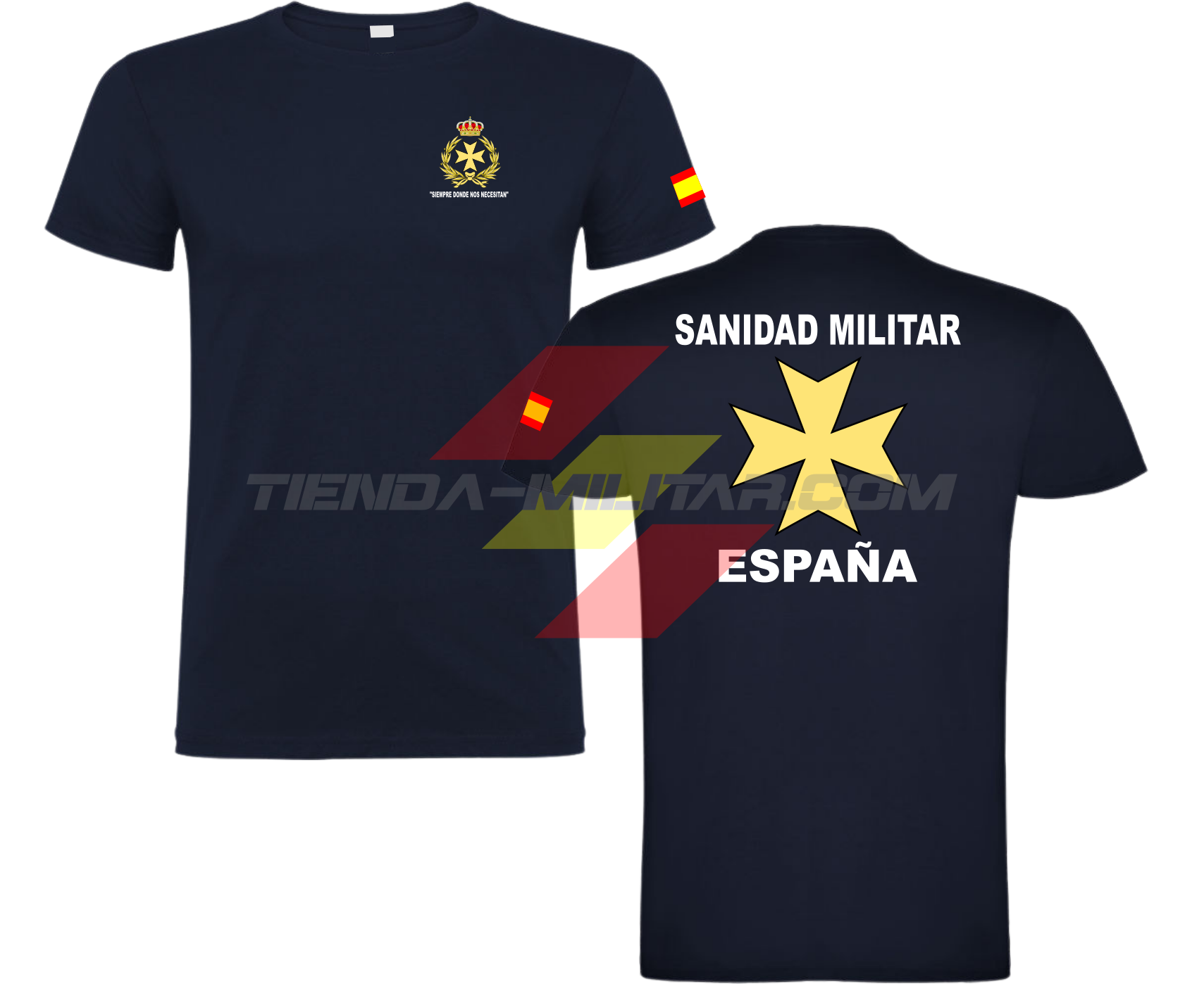 Camiseta ALGODÓN PREMIUM en color AZUL MARINO de la Sanidad Militar Española. En el pecho lleva su escudo con su lema "Siempre Donde Nos Necesiten". Y en la espala la Cruz De Malta con el titulo de "Sanidad Militar Española"