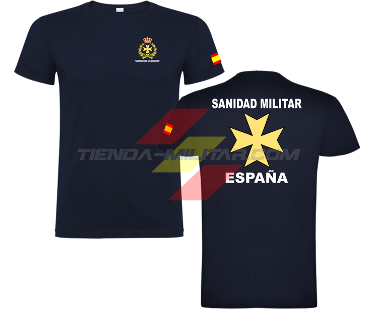 Camiseta ALGODÓN PREMIUM en color AZUL MARINO de la Sanidad Militar Española. En el pecho lleva su escudo con su lema "Siempre Donde Nos Necesiten". Y en la espala la Cruz De Malta con el titulo de "Sanidad Militar Española"