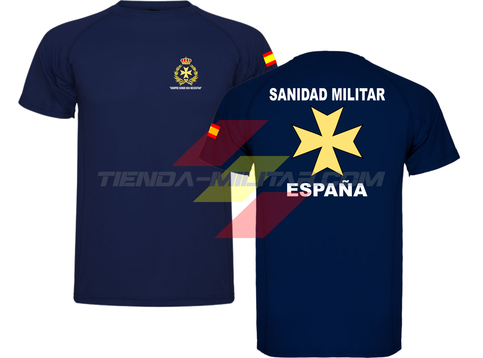 Camiseta TÉCNICA en color AZUL MARINO de la Sanidad Militar Española. En el pecho lleva su escudo con su lema "Siempre Donde Nos Necesiten". Y en la espala la Cruz De Malta con el titulo de "Sanidad Militar Española"