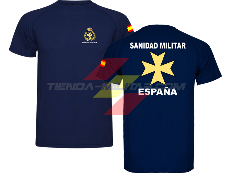 Camiseta TÉCNICA en color AZUL MARINO de la Sanidad Militar Española. En el pecho lleva su escudo con su lema "Siempre Donde Nos Necesiten". Y en la espala la Cruz De Malta con el titulo de "Sanidad Militar Española"
