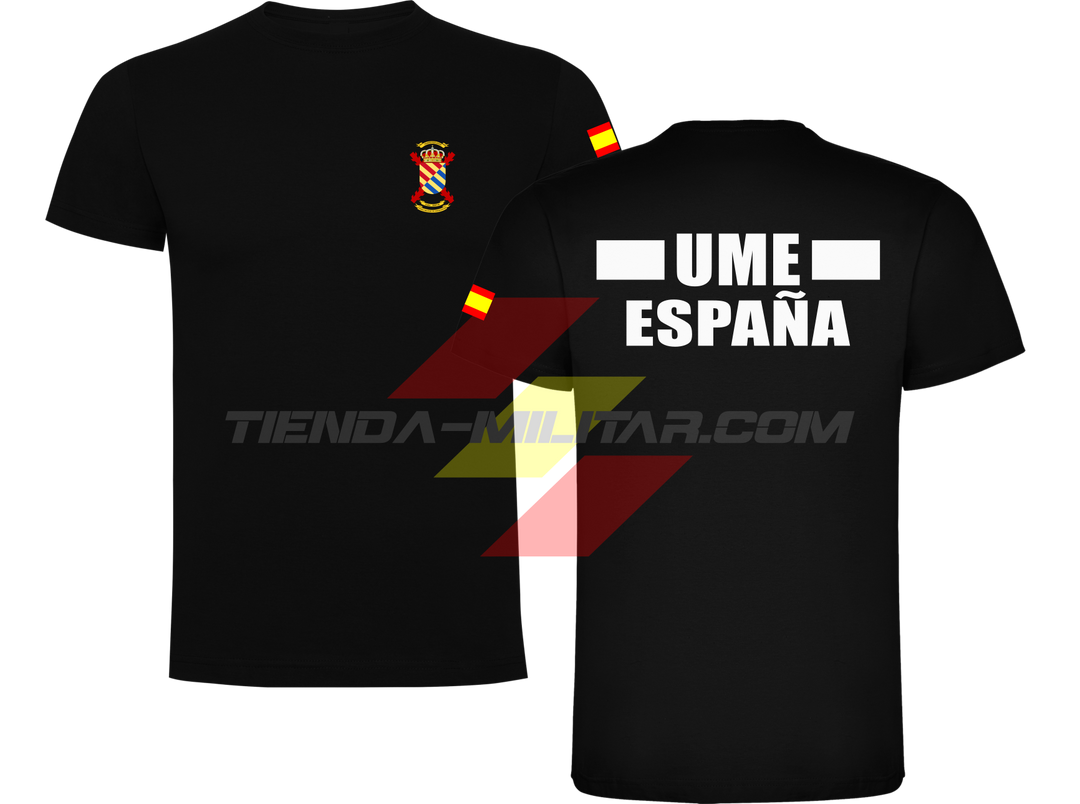 Camiseta de algodón militar UME color negro con escudo UME en el pecho, bandera de España en el hombro y texto UME España en la espalda