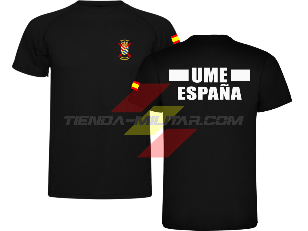Camiseta técnica militar UME color negro con escudo UME en el pecho, bandera de España en el hombro y texto UME España en la espalda