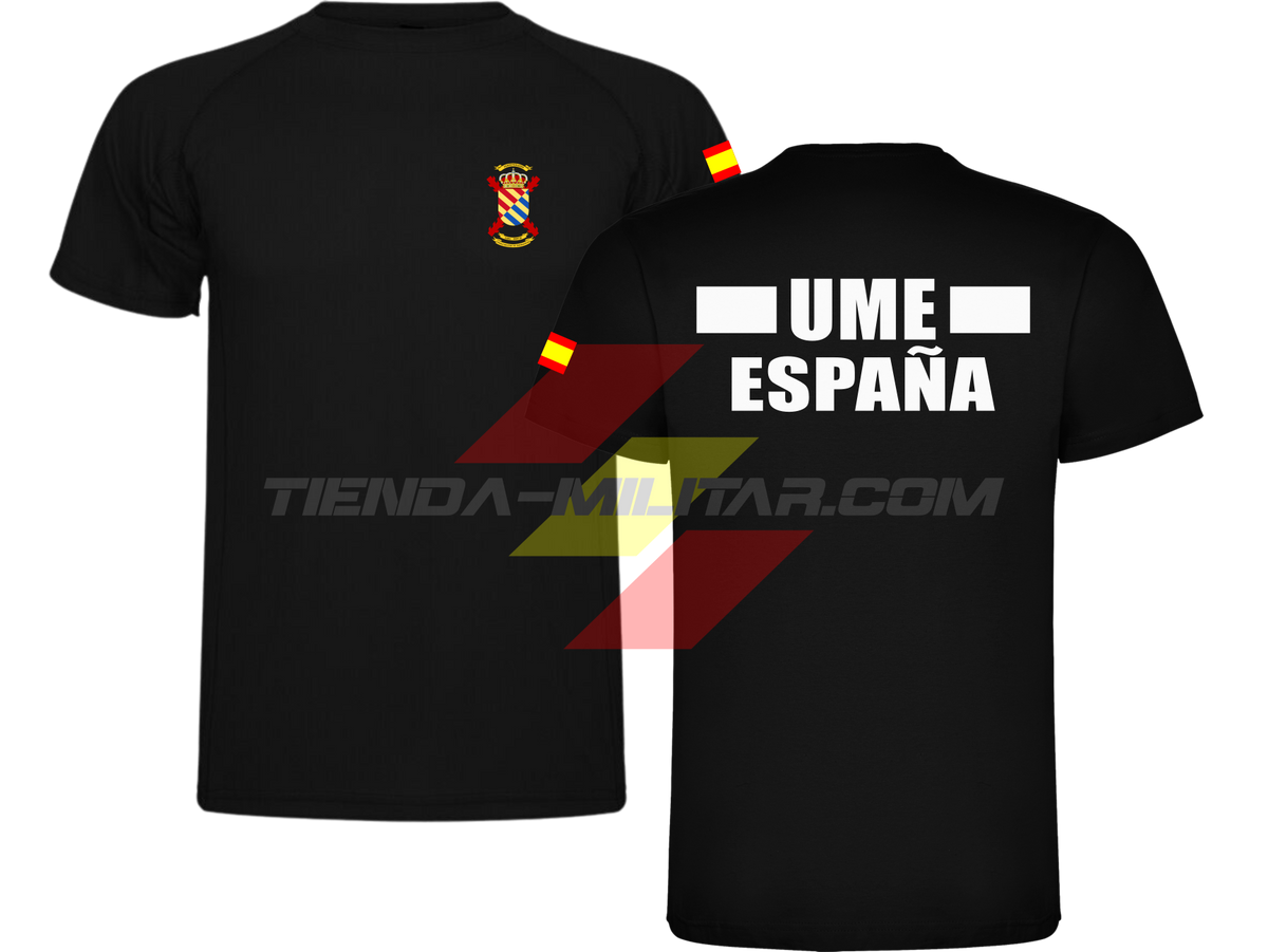 Camiseta técnica militar UME color negro con escudo UME en el pecho, bandera de España en el hombro y texto UME España en la espalda