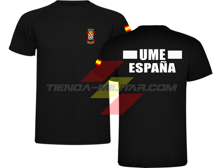 Camiseta técnica militar UME color negro con escudo UME en el pecho, bandera de España en el hombro y texto UME España en la espalda