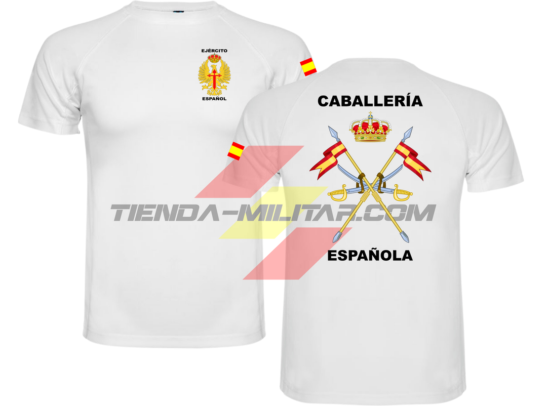 Camiseta TÉCNICA en color BLANCO de la Caballería Militar Española. En el pecho lleva el escudo del Ejercito de Tierra con el titulo  "Ejercito Español". En la manga una bandera de España. Y en la espala el escudo de la caballería con el titulo de "Caballería Española". 