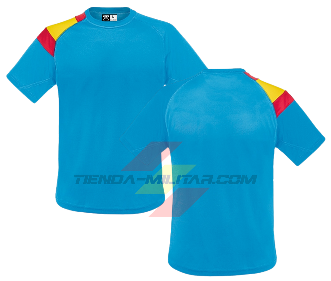 Camiseta técnica militar personalizada azul con bandera de España en el hombro