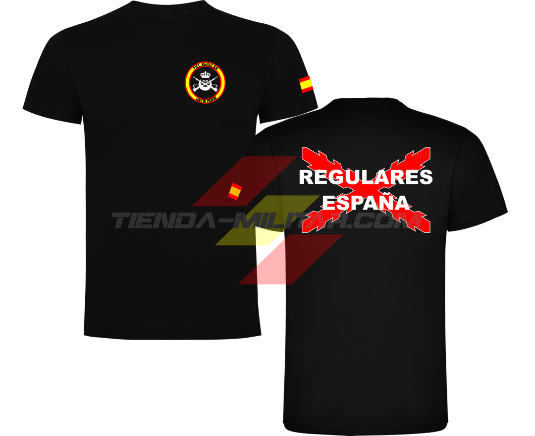Camiseta ALGODÓN PREMIUM en color NEGRO de las Tropas Regulares del Ejercito Español. En el pecho lleva su escudo con su lema "Fiel Regular Hasta Morir". Y en la espala la Cruz De Borgoña con el titulo de "Regulares España"
