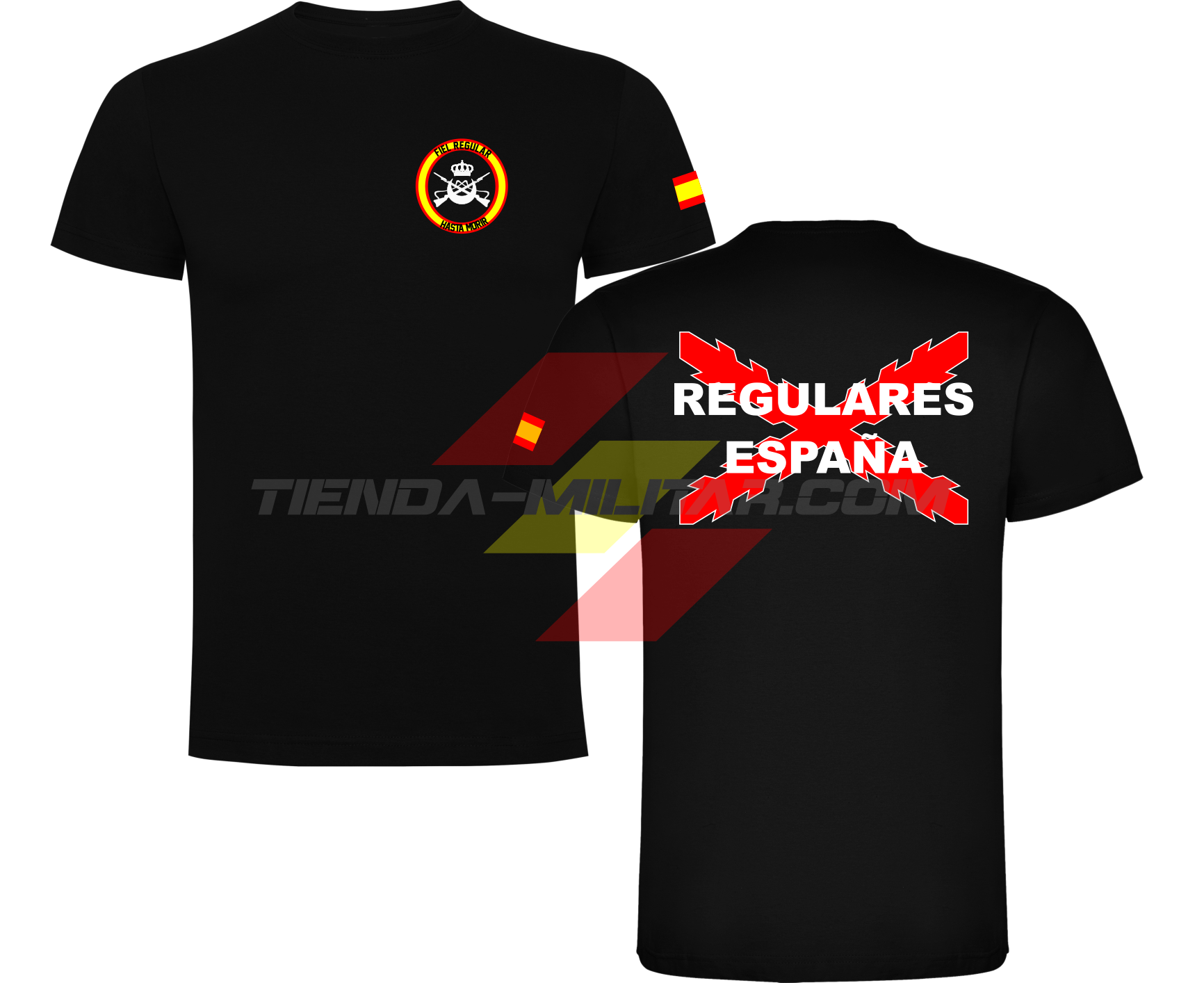 Camiseta ALGODÓN PREMIUM en color NEGRO de las Tropas Regulares del Ejercito Español. En el pecho lleva su escudo con su lema "Fiel Regular Hasta Morir". Y en la espala la Cruz De Borgoña con el titulo de "Regulares España"