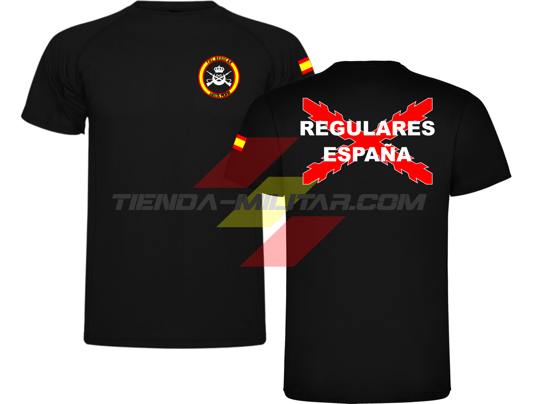 Camiseta TÉCNICA en color NEGRO de las Tropas Regulares del Ejercito Español. En el pecho lleva su escudo con su lema "Fiel Regular Hasta Morir". Y en la espala la Cruz De Borgoña con el titulo de "Regulares España"