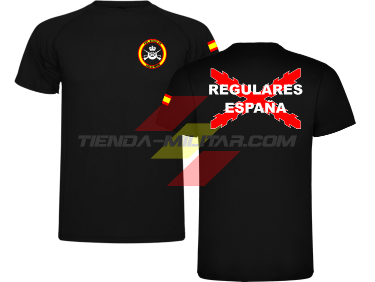 Camiseta TÉCNICA en color NEGRO de las Tropas Regulares del Ejercito Español. En el pecho lleva su escudo con su lema "Fiel Regular Hasta Morir". Y en la espala la Cruz De Borgoña con el titulo de "Regulares España"