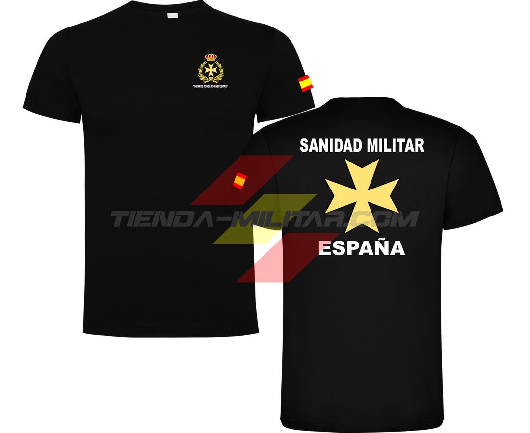Camiseta ALGODÓN PREMIUM en color NEGRO de la Sanidad Militar Española. En el pecho lleva su escudo con su lema "Siempre Donde Nos Necesiten". Y en la espala la Cruz De Malta con el titulo de "Sanidad Militar Española"