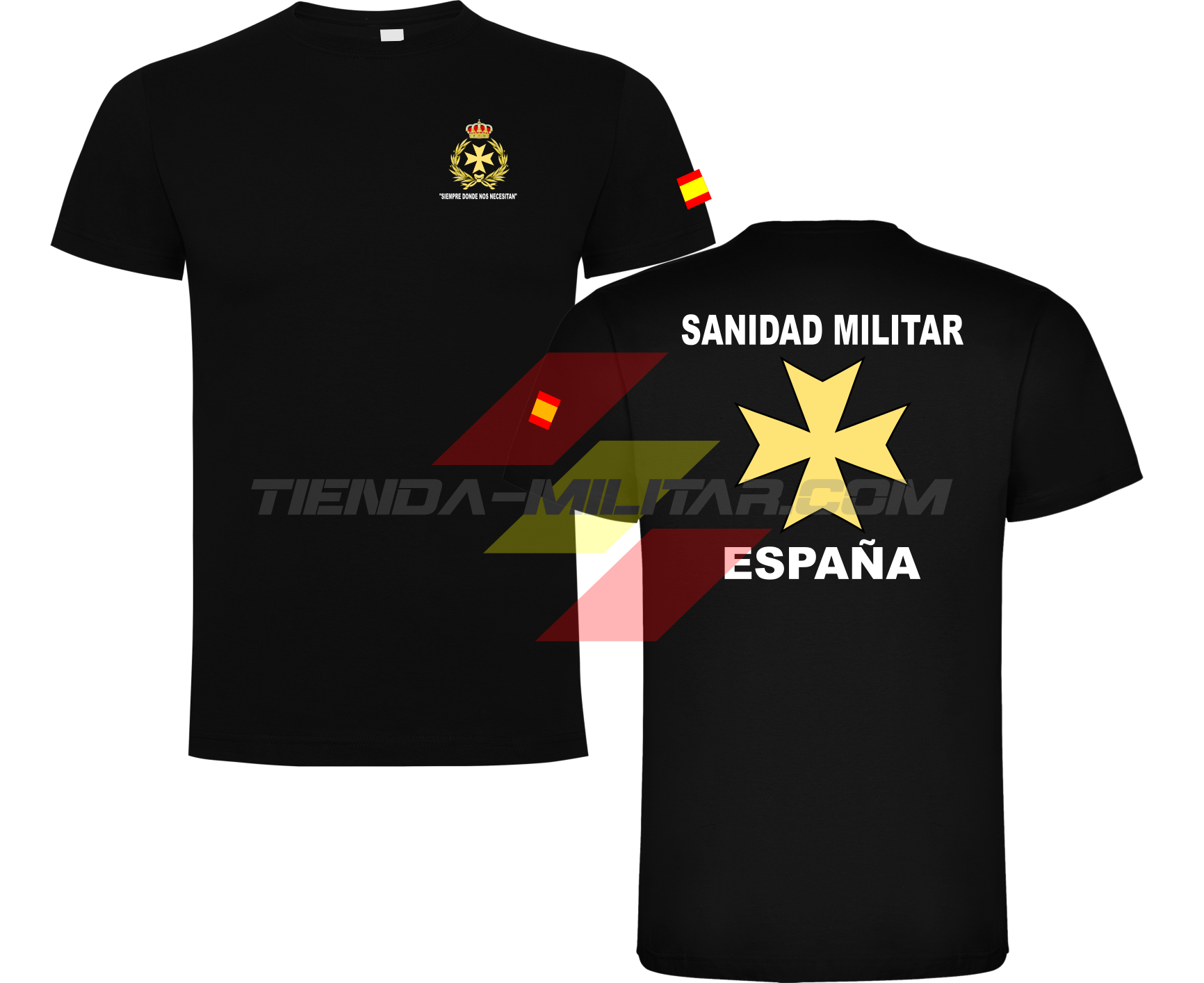 Camiseta ALGODÓN PREMIUM en color NEGRO de la Sanidad Militar Española. En el pecho lleva su escudo con su lema "Siempre Donde Nos Necesiten". Y en la espala la Cruz De Malta con el titulo de "Sanidad Militar Española"
