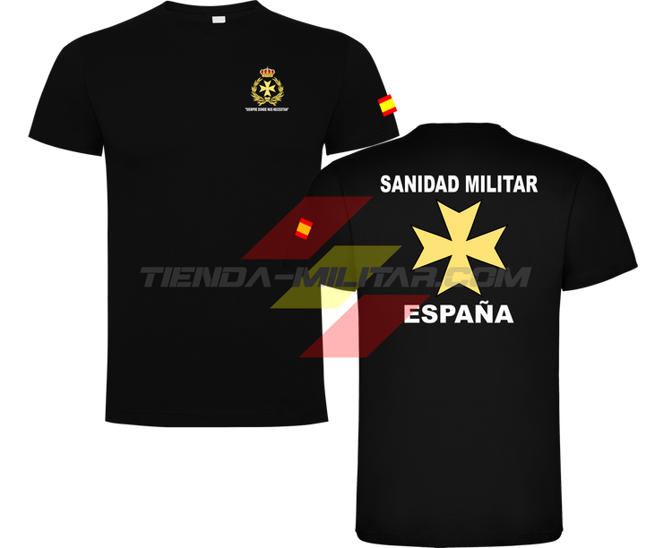Camiseta ALGODÓN PREMIUM en color NEGRO de la Sanidad Militar Española. En el pecho lleva su escudo con su lema "Siempre Donde Nos Necesiten". Y en la espala la Cruz De Malta con el titulo de "Sanidad Militar Española"