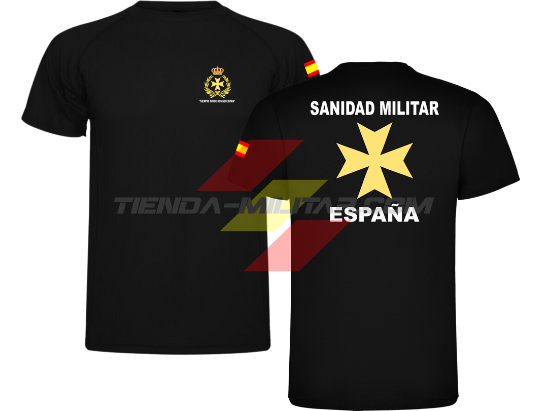 Camiseta TÉCNICA en color NEGRA de la Sanidad Militar Española. En el pecho lleva su escudo con su lema "Siempre Donde Nos Necesiten". Y en la espala la Cruz De Malta con el titulo de "Sanidad Militar Española"