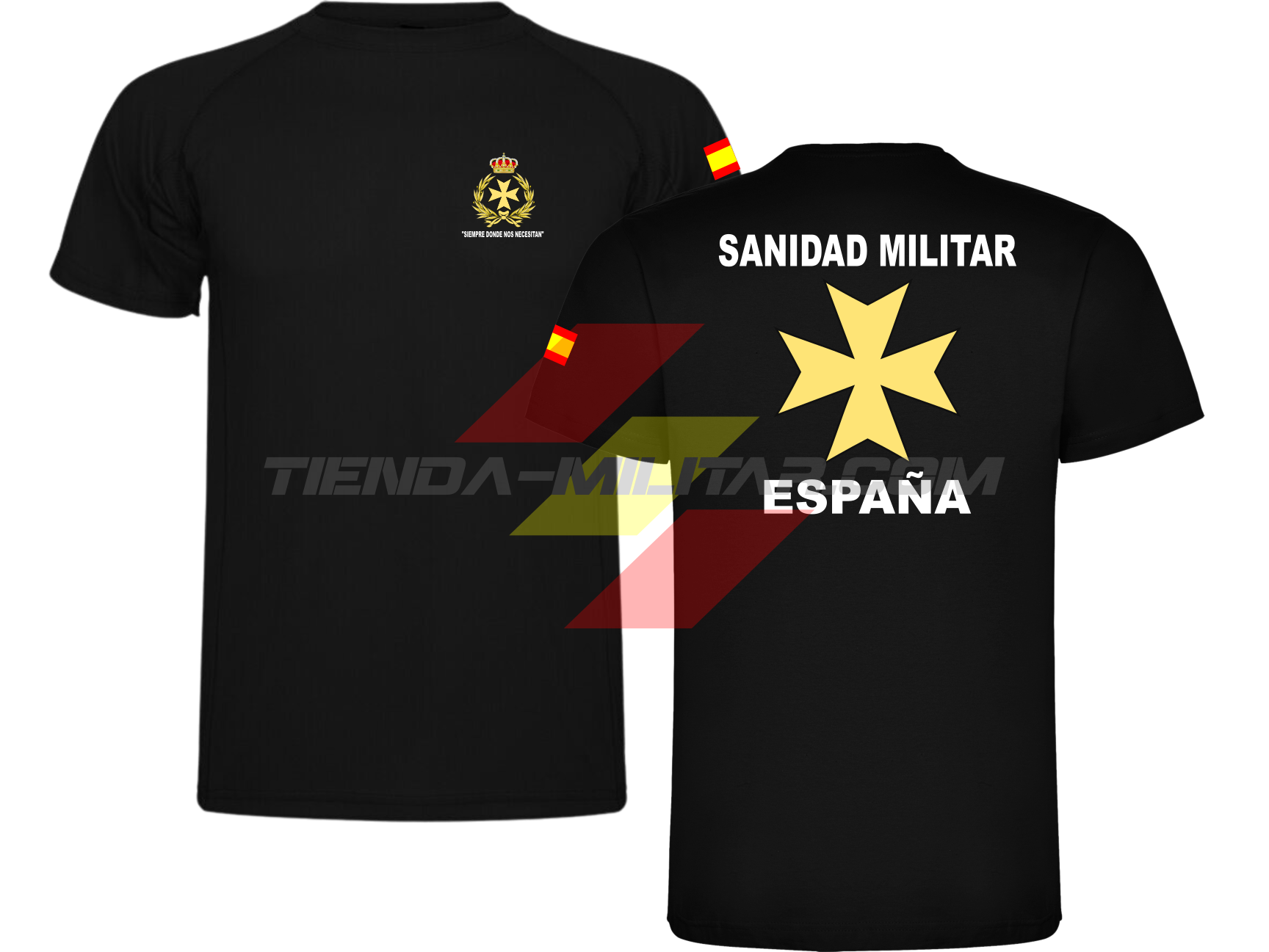 Camiseta TÉCNICA en color NEGRA de la Sanidad Militar Española. En el pecho lleva su escudo con su lema "Siempre Donde Nos Necesiten". Y en la espala la Cruz De Malta con el titulo de "Sanidad Militar Española"