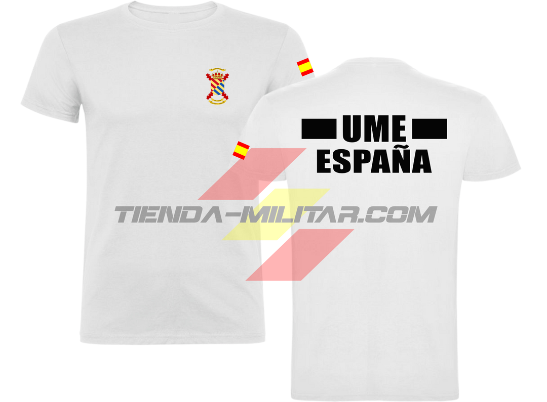 Camiseta de algodón militar UME color blanco con escudo UME en el pecho, bandera de España en el hombro y texto UME España en la espalda