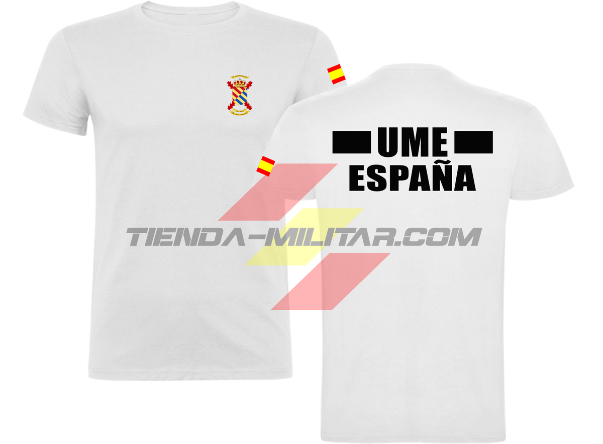 Camiseta de algodón militar UME color blanco con escudo UME en el pecho, bandera de España en el hombro y texto UME España en la espalda