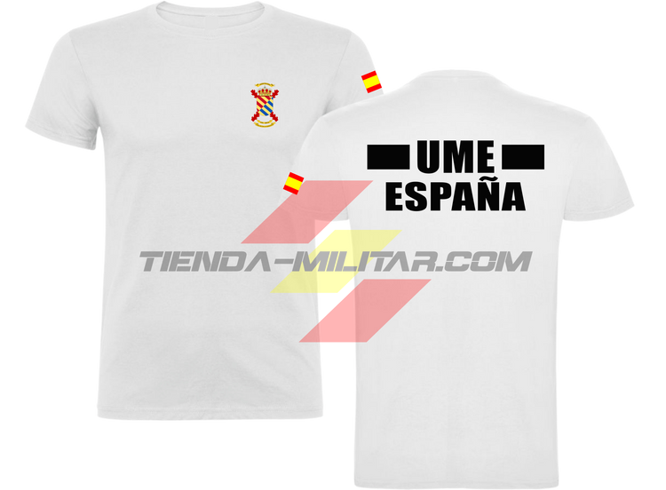 Camiseta de algodón militar UME color blanco con escudo UME en el pecho, bandera de España en el hombro y texto UME España en la espalda