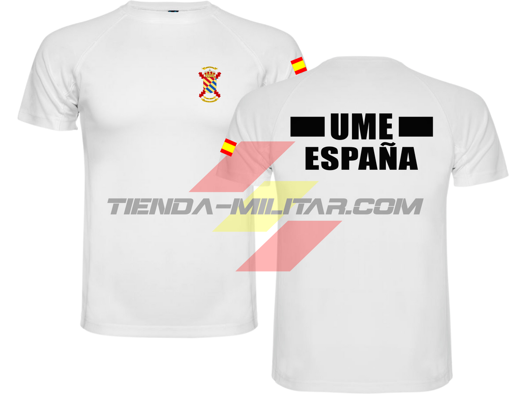Camiseta técnica militar UME color blanco con escudo UME en el pecho, bandera de España en el hombro y texto UME España en la espalda