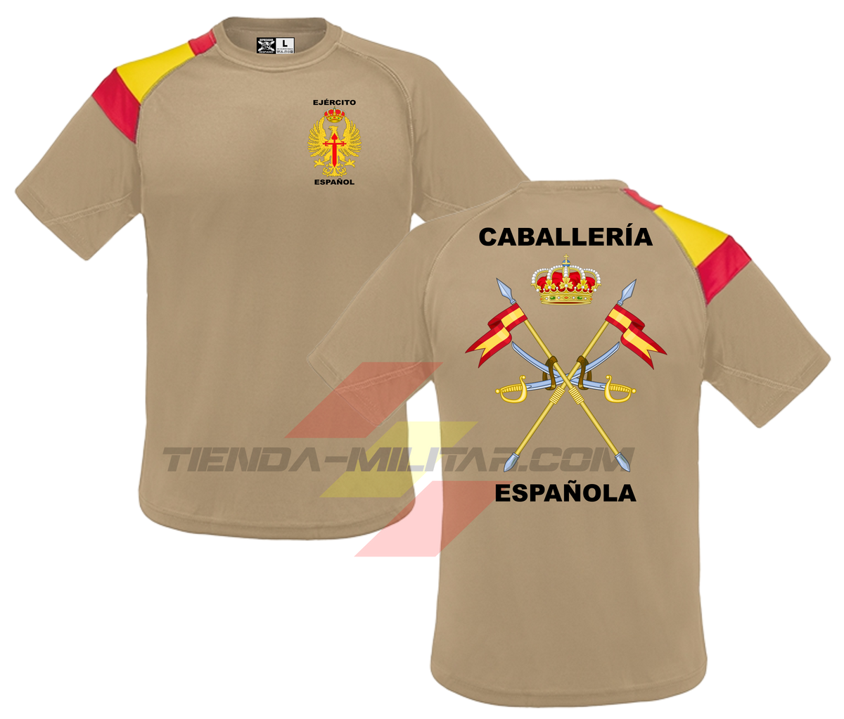 Camiseta técnica Caballería Española color Arena Oscuro con bandera de España integrada en el hombro