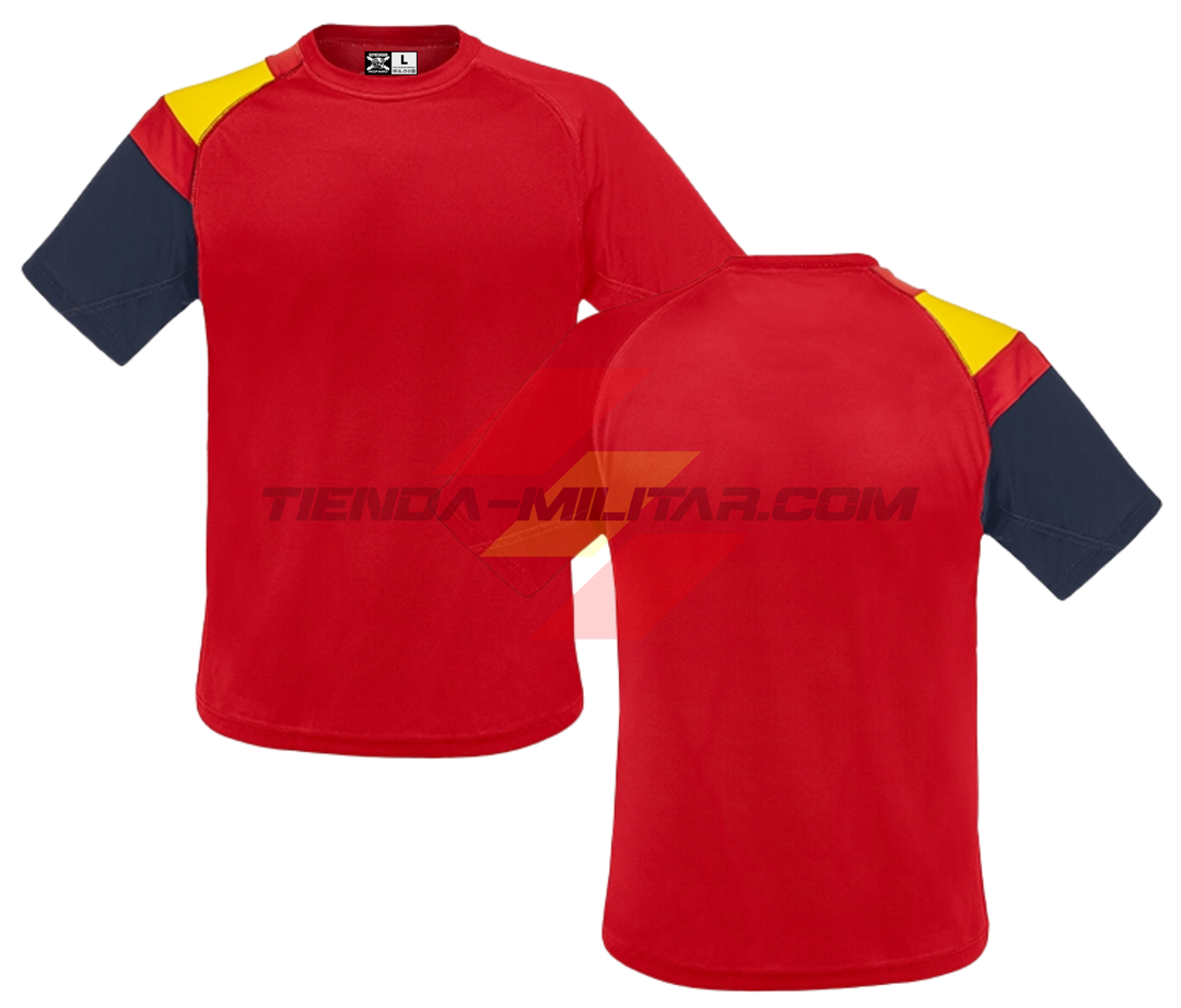 Camiseta técnica militar personalizada roja con bandera de España en el hombro