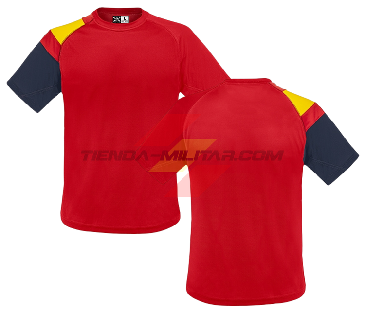 Camiseta técnica militar personalizada roja con bandera de España en el hombro
