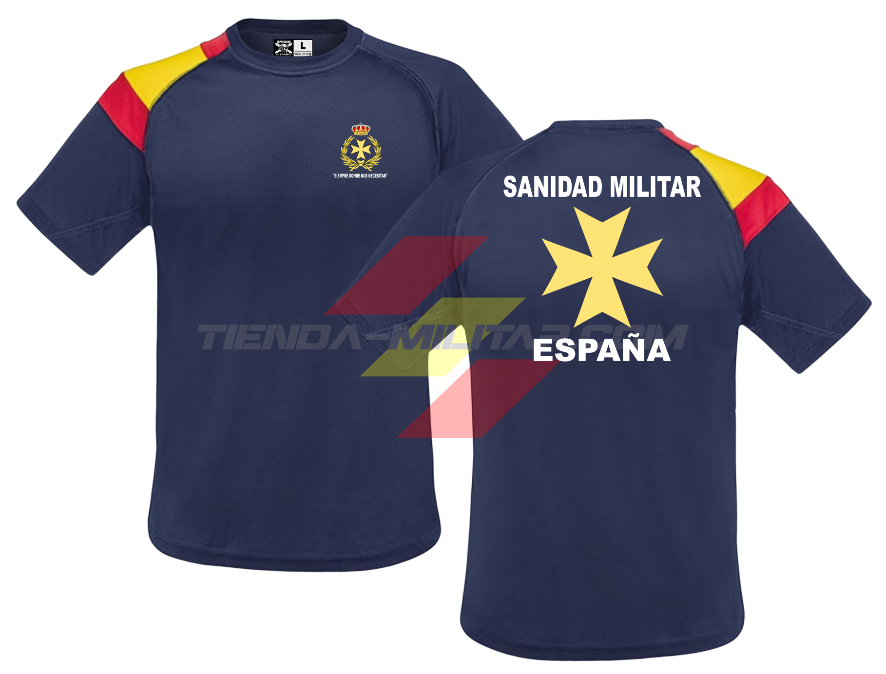 Camiseta TÉCNICA en color AZUL MARINO con la bandera de España en el hombro de la Sanidad Militar Española. En el pecho lleva su escudo con su lema "Siempre Donde Nos Necesiten". Y en la espala la Cruz De Malta con el titulo de "Sanidad Militar Española"