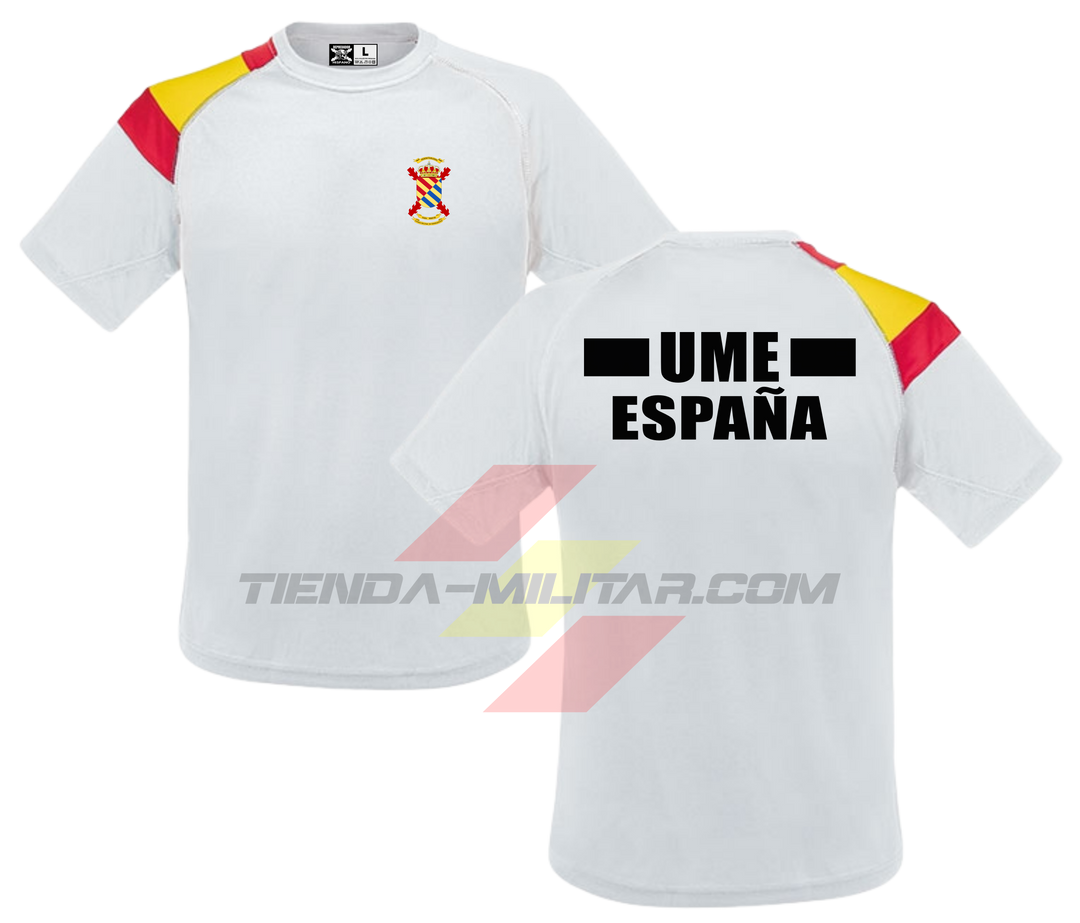 Camiseta técnica militar UME color blanco con escudo UME en el pecho, panel bicolor de la bandera de España en el hombro y texto UME España en la espalda