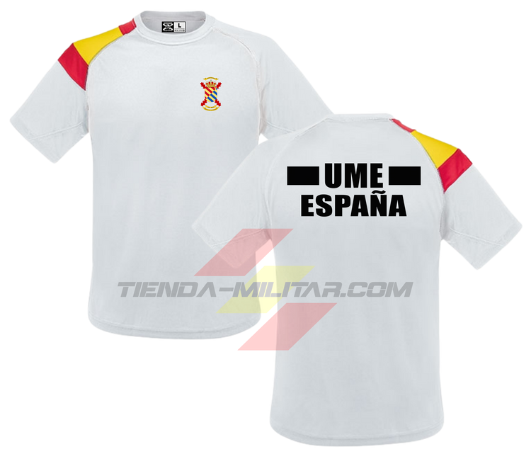 Camiseta técnica militar UME color blanco con escudo UME en el pecho, panel bicolor de la bandera de España en el hombro y texto UME España en la espalda