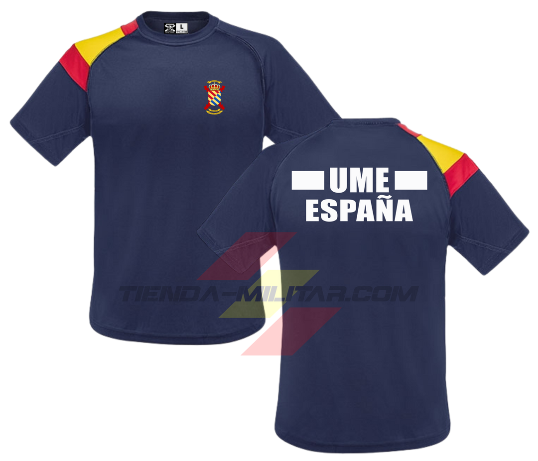 Camiseta técnica militar UME color azul marino con escudo UME en el pecho, panel bicolor de la bandera de España en el hombro y texto UME España en la espalda