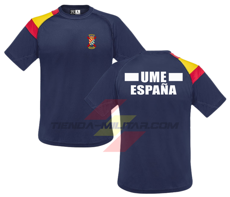 Camiseta técnica militar UME color azul marino con escudo UME en el pecho, panel bicolor de la bandera de España en el hombro y texto UME España en la espalda