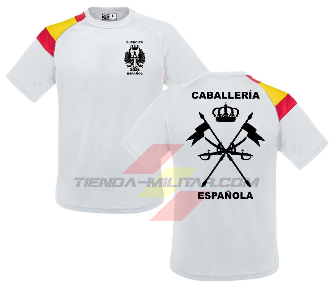 Camiseta técnica Caballería Española color Blanco con bandera de España integrada en el hombro y logo en negro (versión monocromática)