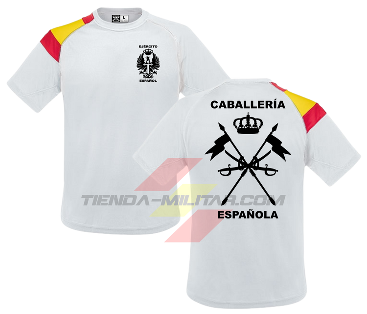 Camiseta técnica Caballería Española color Blanco con bandera de España integrada en el hombro y logo en negro (versión monocromática)