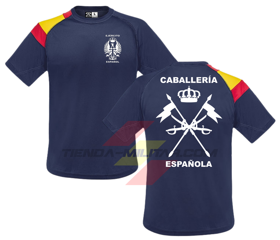 Camiseta técnica Caballería Española color Azul Marino con bandera de España integrada en el hombro y logo en blanco (versión monocromática)