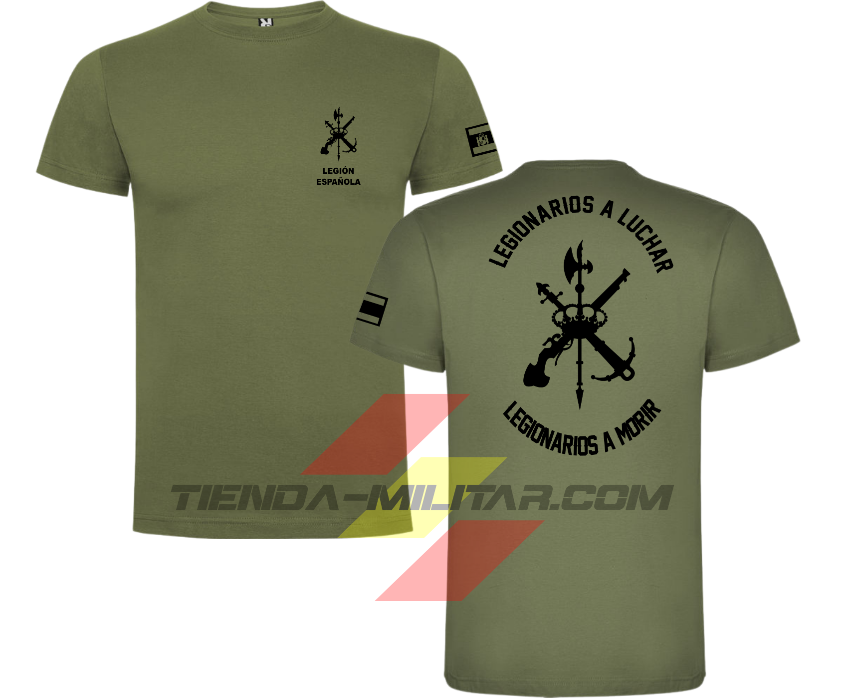 Camiseta militar de algodón de la Legión Española en color verde militar y escudos negros