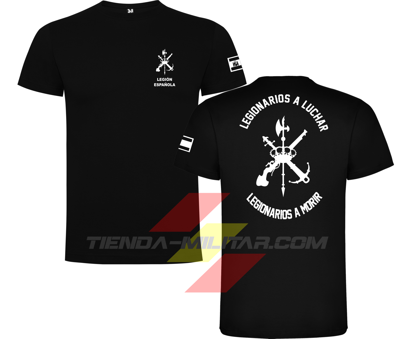 Camiseta militar de algodón de la Legión Española en color negro y escudos blancos