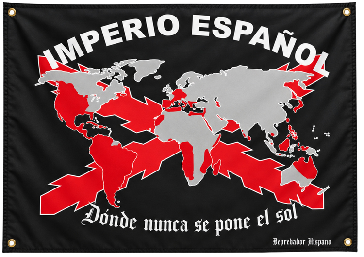 Bandera negra Imperio Español de Depredador Hispano, 60x90 cm, con un mapa del mundo y los territorios del antiguo Imperio Español señalados en rojo, junto al texto Donde nunca se pone el sol.