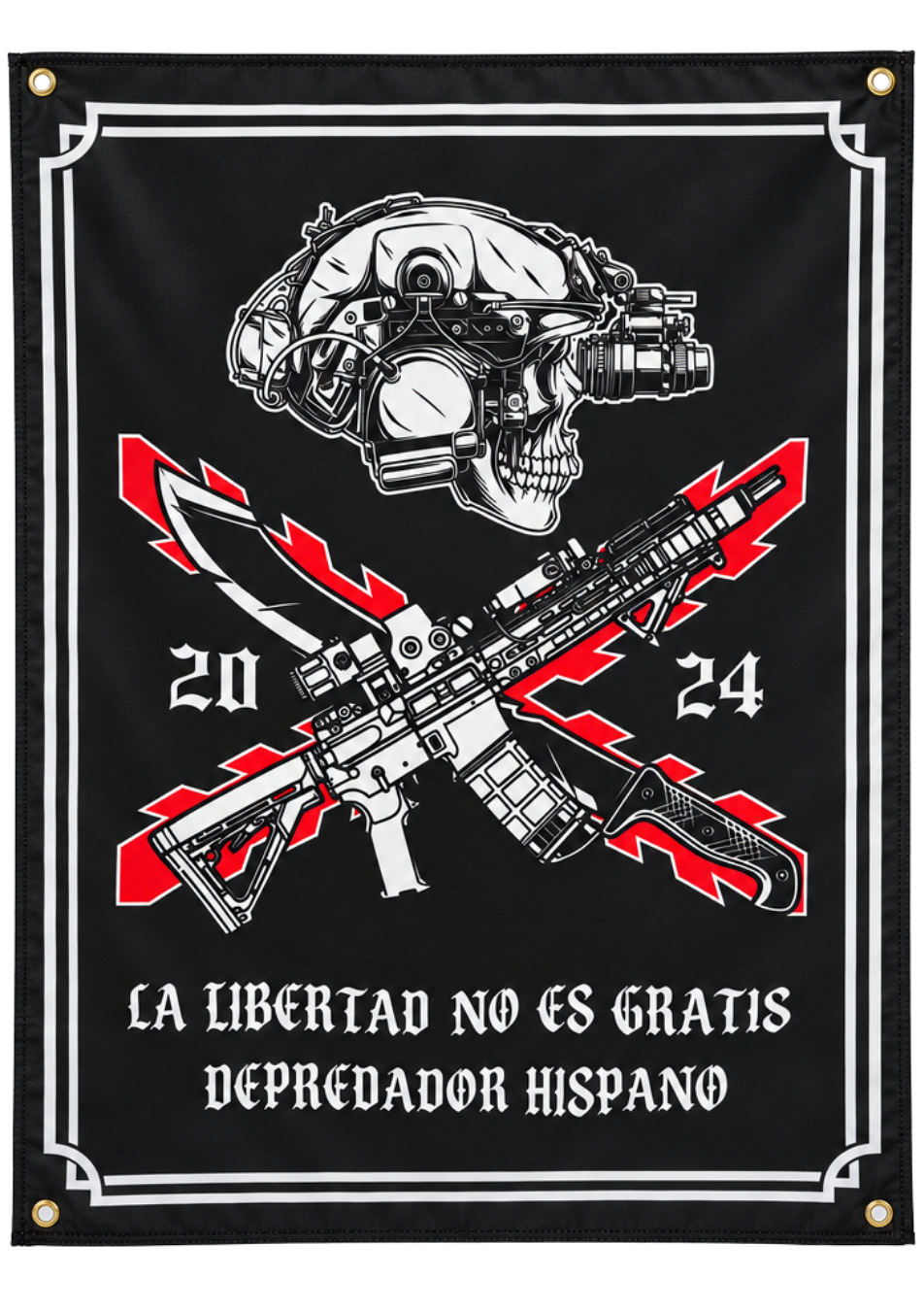 Bandera negra La Libertad No Es Gratis de Depredador Hispano, 60x90 cm, con un casco táctico de visión nocturna sobre una calavera y fusil y machete cruzados sobre la Cruz de Borgoña.