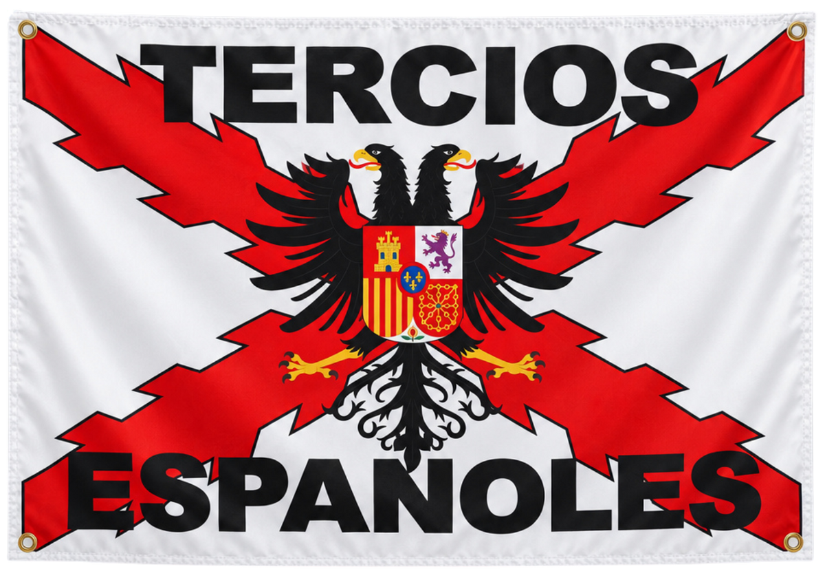 Bandera blanca Tercios Españoles de Depredador Hispano, 60x90 cm, con la Cruz de Borgoña en rojo y el águila bicéfala con el escudo de España en el centro.