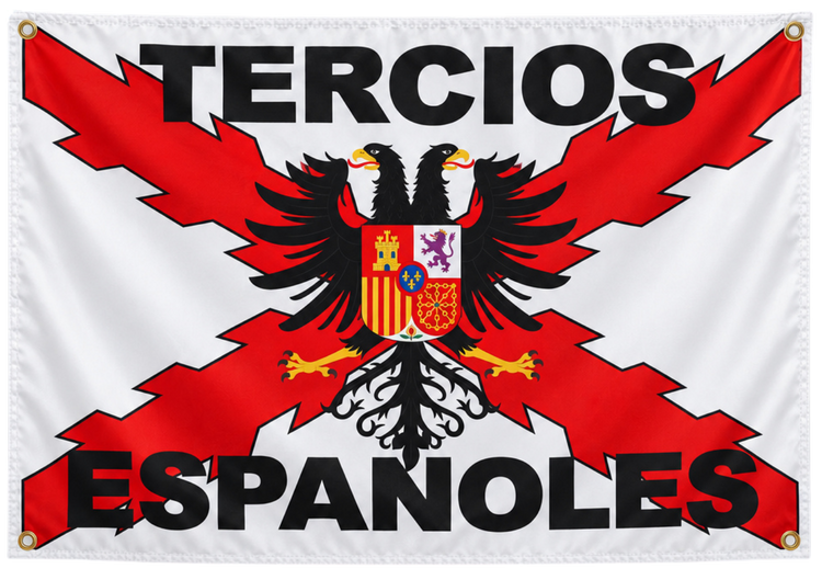 Bandera blanca Tercios Españoles de Depredador Hispano, 60x90 cm, con la Cruz de Borgoña en rojo y el águila bicéfala con el escudo de España en el centro.