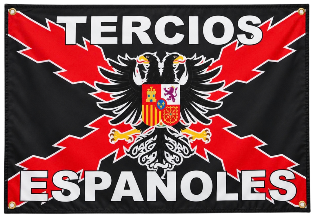 Bandera negra Tercios Españoles de Depredador Hispano, 60x90 cm, con la Cruz de Borgoña en rojo y blanco y el águila bicéfala con el escudo de España en el centro.