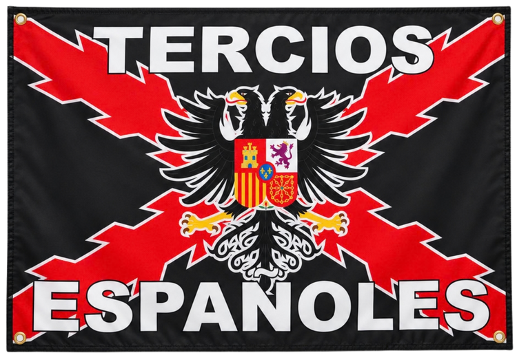Bandera negra Tercios Españoles de Depredador Hispano, 60x90 cm, con la Cruz de Borgoña en rojo y blanco y el águila bicéfala con el escudo de España en el centro.