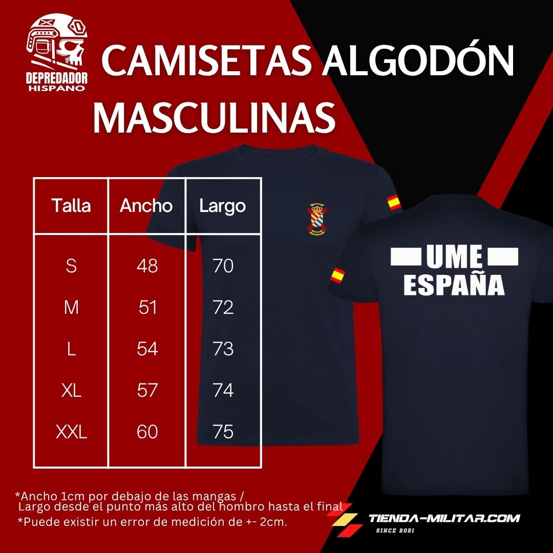 Guía de tallas de la camiseta de algodón UME (Unidad Militar de Emergencias)