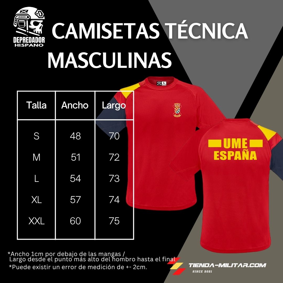 Guía de tallas de la camiseta técnica UME con bandera de España en el hombro