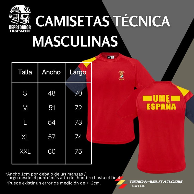 Guía de tallas de la camiseta técnica UME con bandera de España en el hombro